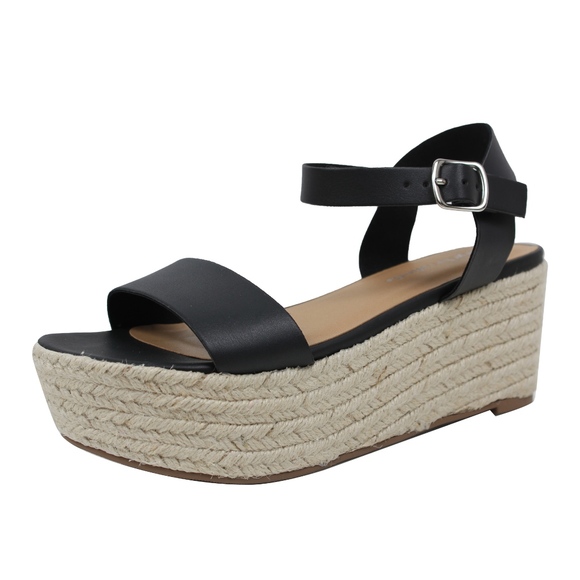 Black Open Toe Ankle Strap Espadrilles Flatform - Picture 2 of 6